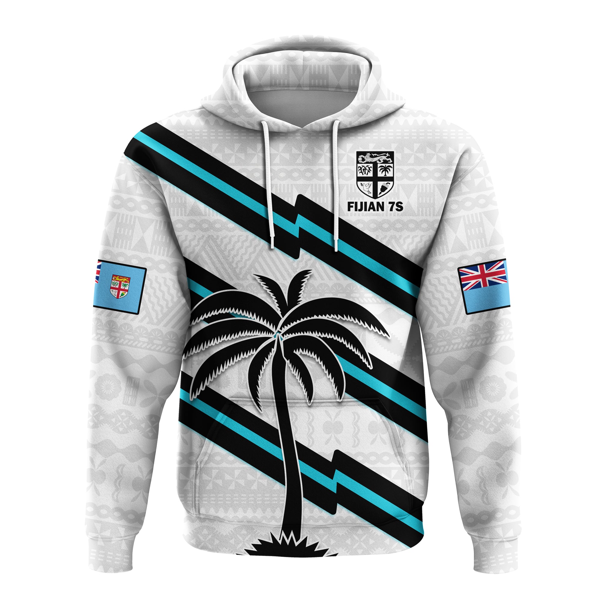 (Custom Text and Number) Fiji Rugby Tapa Pattern Fijian 7s White Hoodie LT14 Pullover Hoodie White - Polynesian Pride