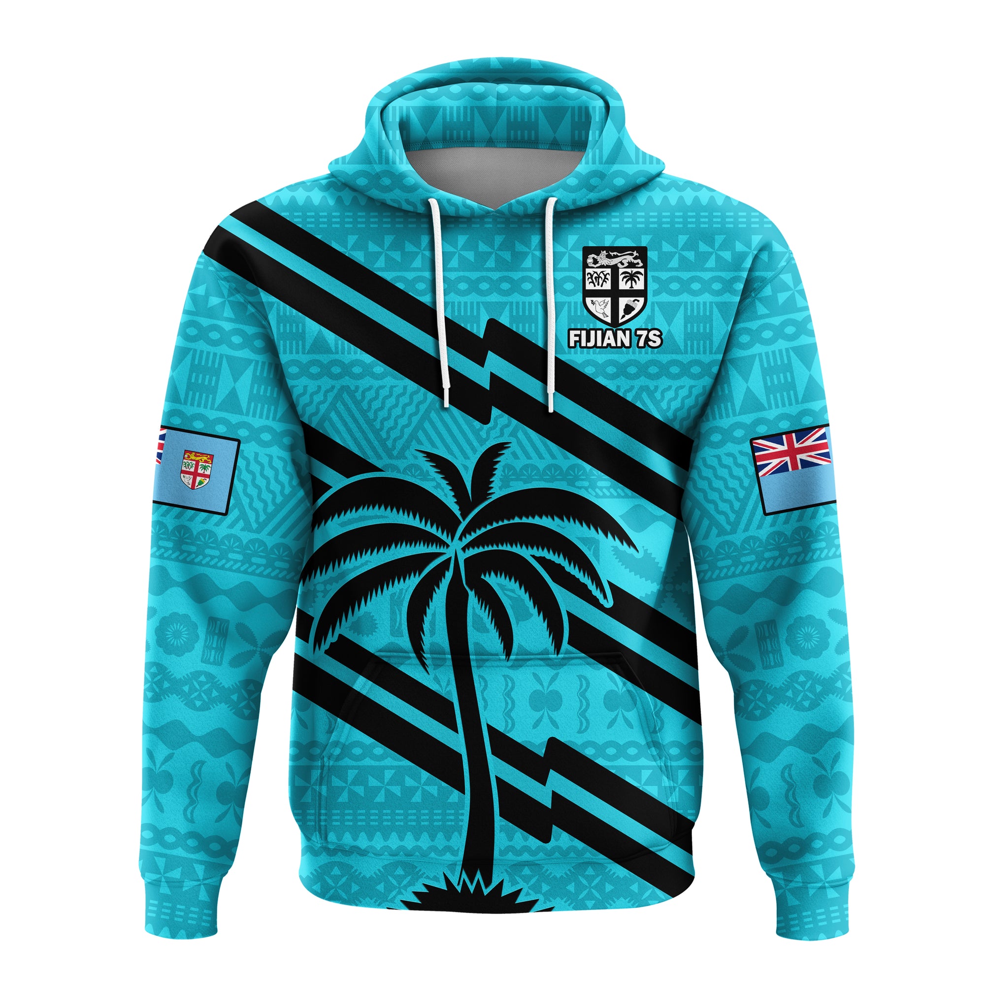 (Custom Text and Number) Fiji Rugby Tapa Pattern Fijian 7s Cyan Hoodie LT14 Pullover Hoodie Cyan - Polynesian Pride