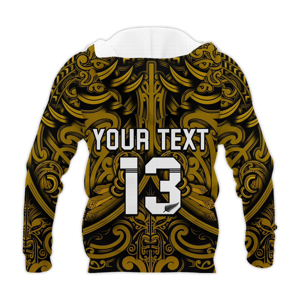 (Custom Text and Number) New Zealand Silver Fern Rugby Hoodie All Black Gold NZ Maori Pattern LT13 - Polynesian Pride