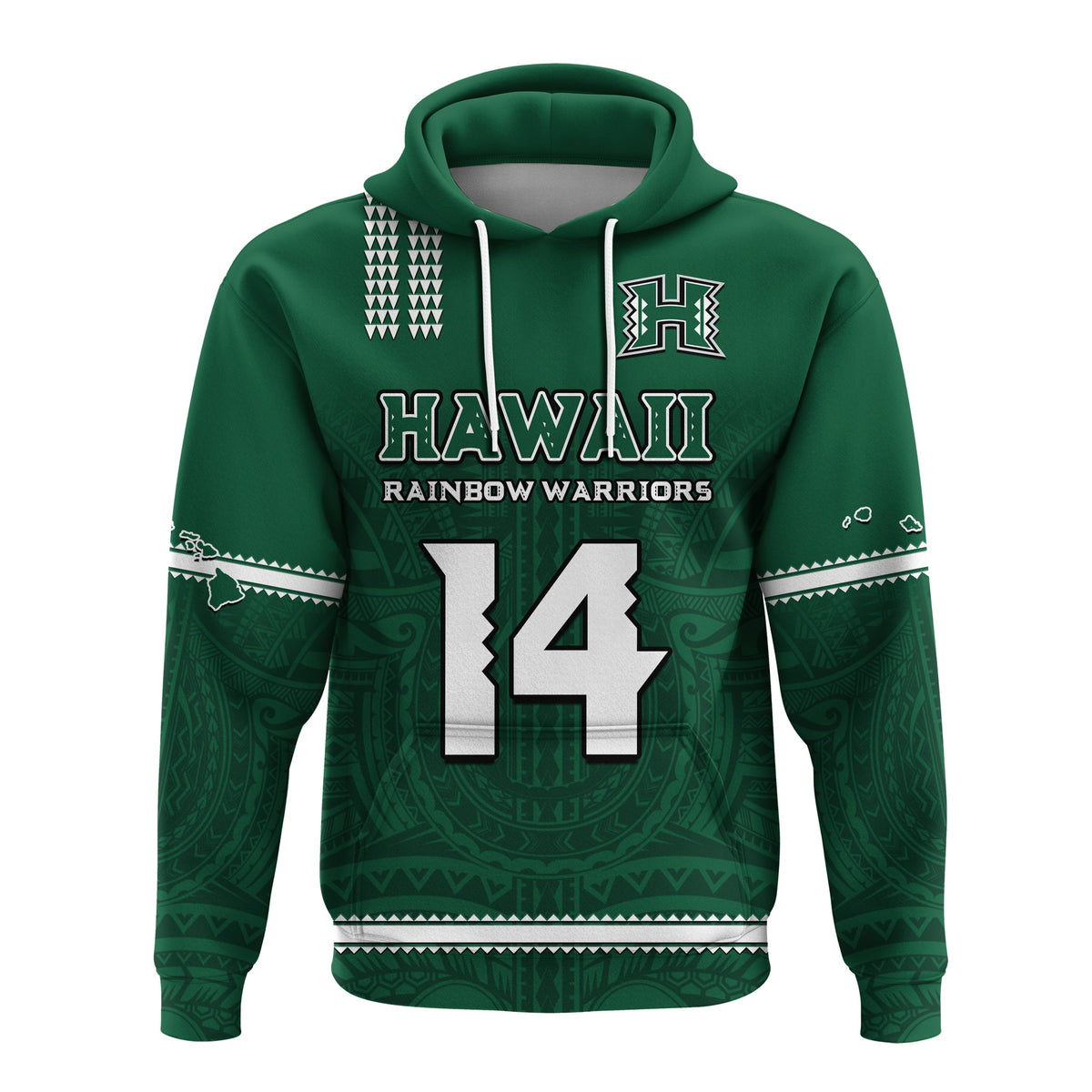 (Custom Text and Number) Hawaii Football Hoodie Kakau Rainbow Warriors Helmet Go Bows LT14 Pullover Hoodie Green - Polynesian Pride