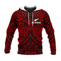 New Zealand Silver Fern Rugby Hoodie All Black Red NZ Maori Pattern LT13 - Polynesian Pride