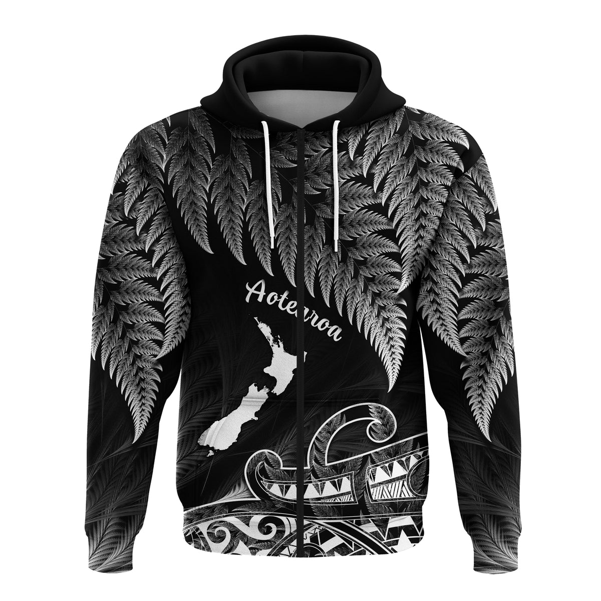 Custom New Zealand Silver Fern Hoodie Aotearoa Map Maori LT14 Zip Hoodie Black - Polynesian Pride