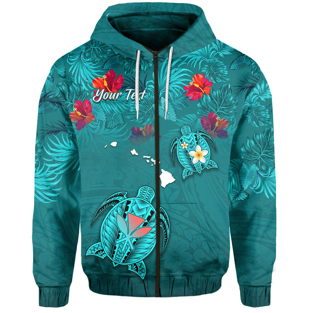 Custom Hawaiian Islands Zip Hoodie Hawaii Tropical Flowers and Turtles Turquoise LT13 Unisex Turquoise - Polynesian Pride