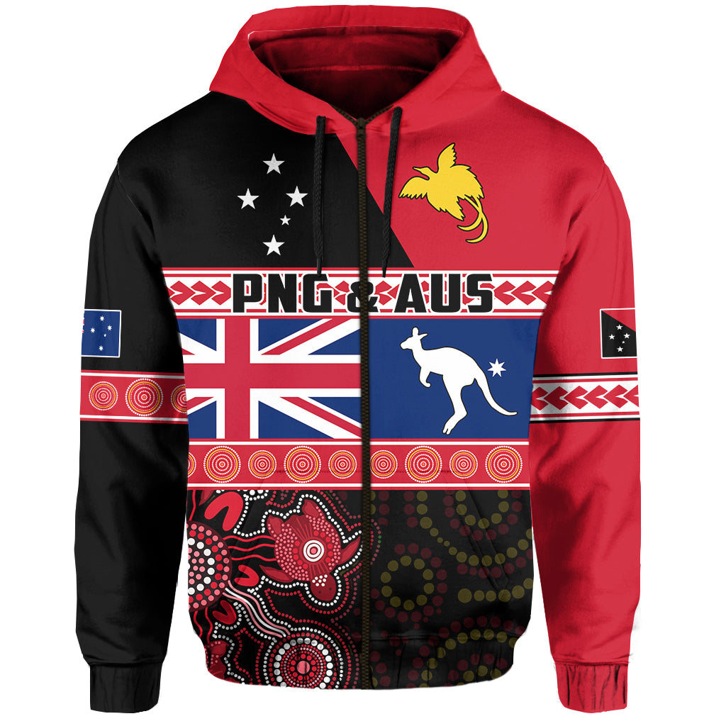 Papua New Guinea Australia Hoodie Aboriginal PNG and AUS LT13 Zip Hoodie Black - Polynesian Pride
