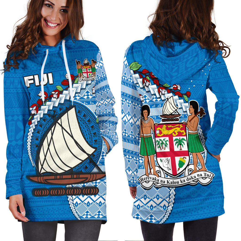 Fiji Hoodie Dress Fijian Drua Mix Tagimaucia Flower Blue Style LT14 - Polynesian Pride