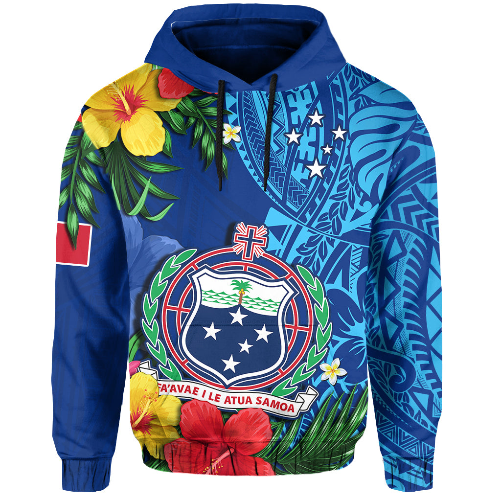 Samoa Hoodie Coat of Arms Mix Tropical Flowers LT14 Pullover Hoodie Blue - Polynesian Pride