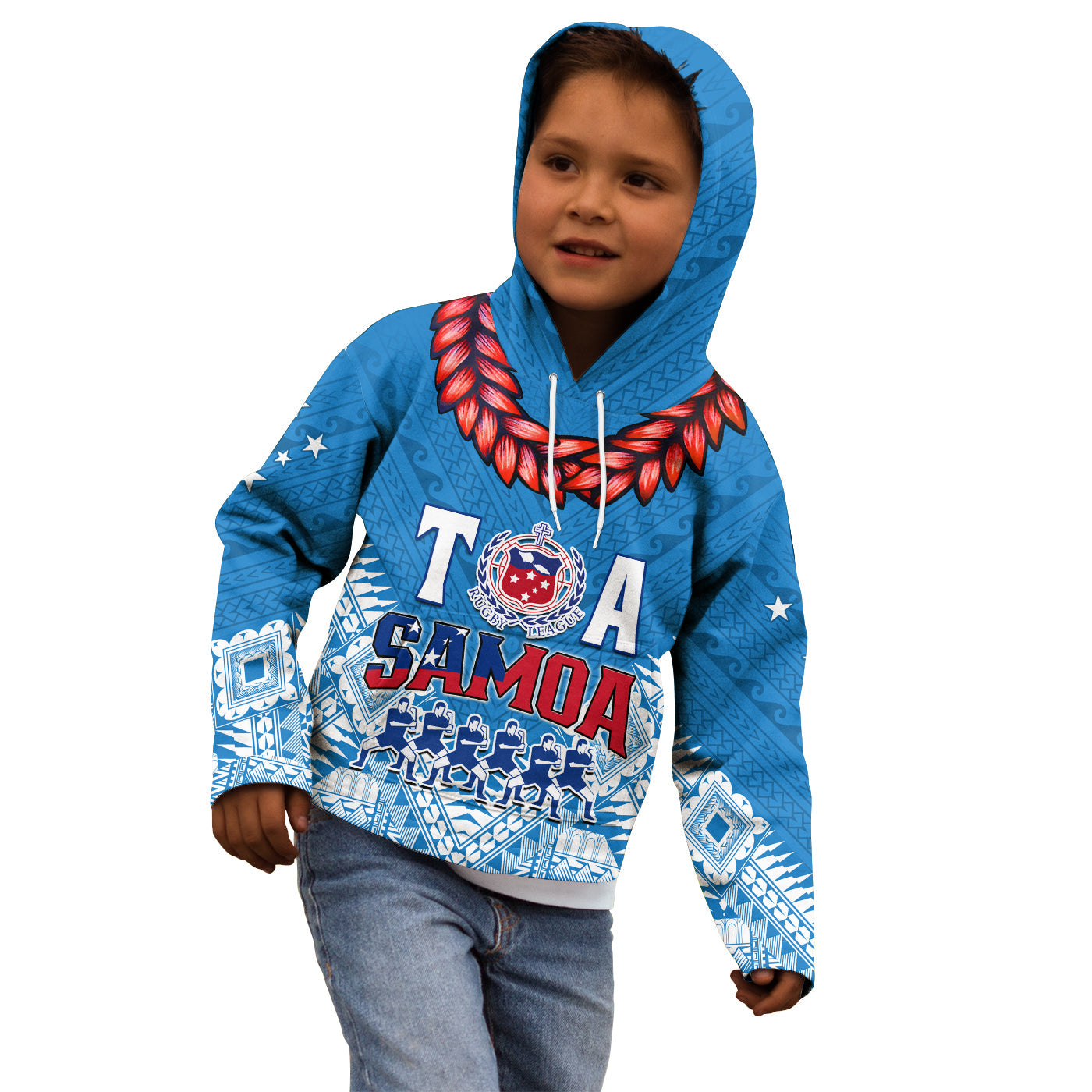 (Custom Personalise Text and Number) Toa Samoa Rugby Hoodie KID Manu Siva Tau Style Ulafala LT13 Blue - Polynesian Pride