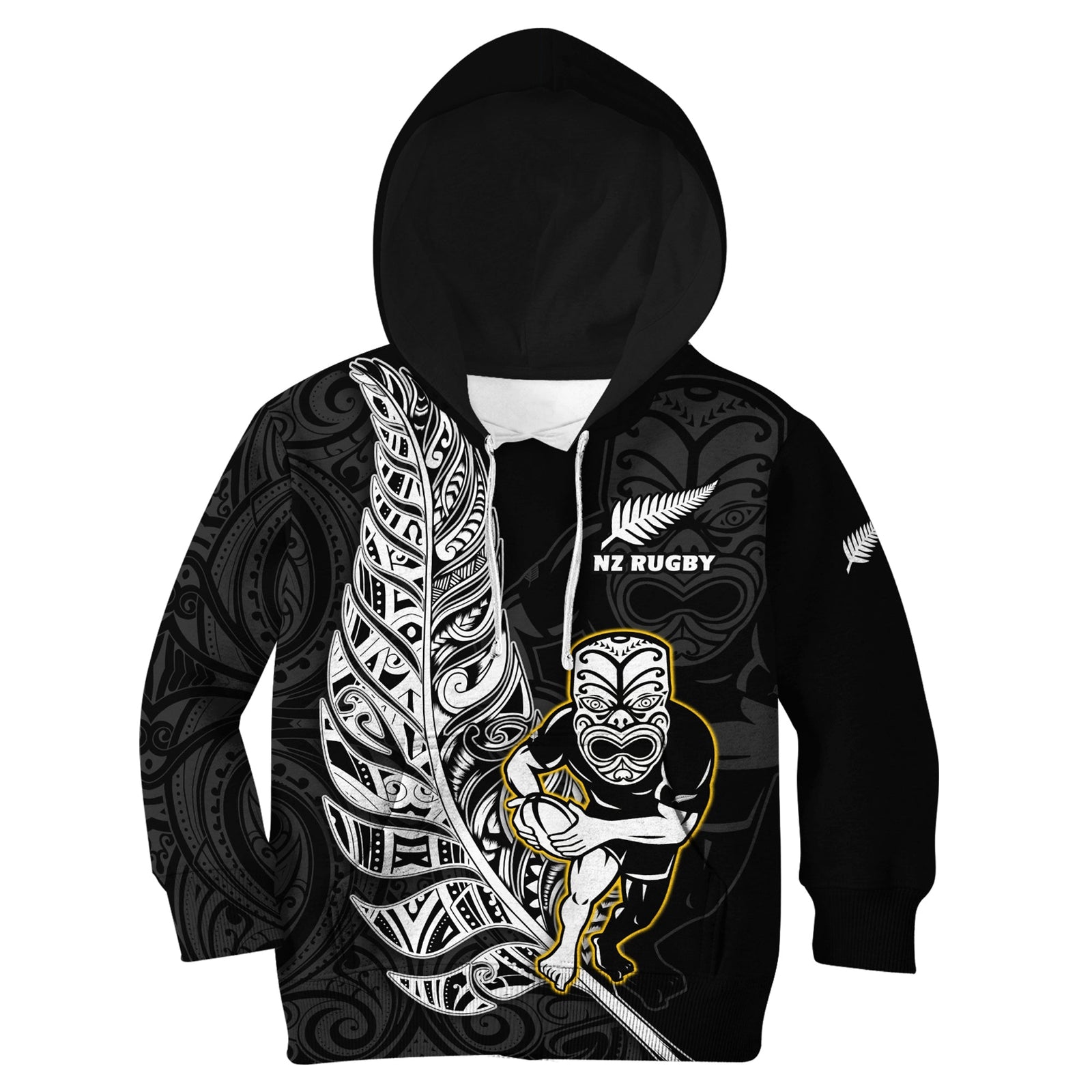 (Custom Text And Number) New Zealand Silver Fern Rugby Hoodie KID All Black Maori Version Black LT14 Black - Polynesian Pride