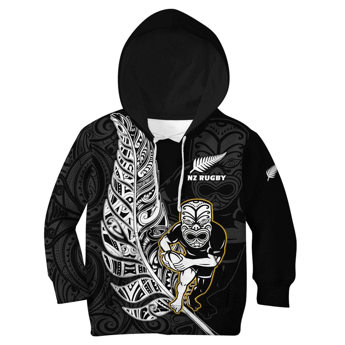 New Zealand Silver Fern Rugby Hoodie KID All Black Maori Version Black LT14 Black - Polynesian Pride