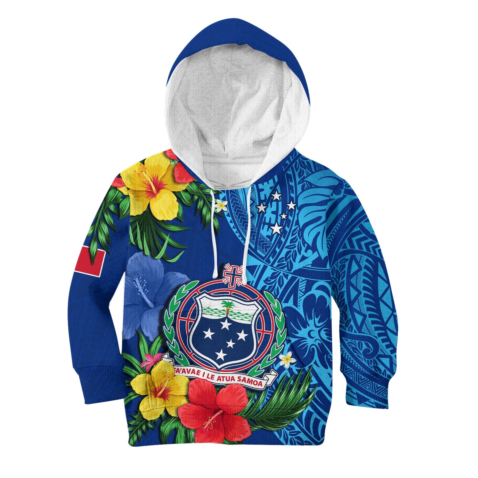 Samoa Hoodie KID Coat Of Arms Mix Tropical Flowers LT14 Blue - Polynesian Pride