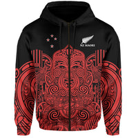 (Custom Text and Number) New Zealand Tiki Rugby Hoodie NZ Maori Koru Pattern Ver.03 LT14 Zip Hoodie Red - Polynesian Pride