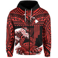Custom Hawaii Hoodie Kakau Polynesian Crab With Waves Ver.03 LT14 Zip Hoodie Red - Polynesian Pride