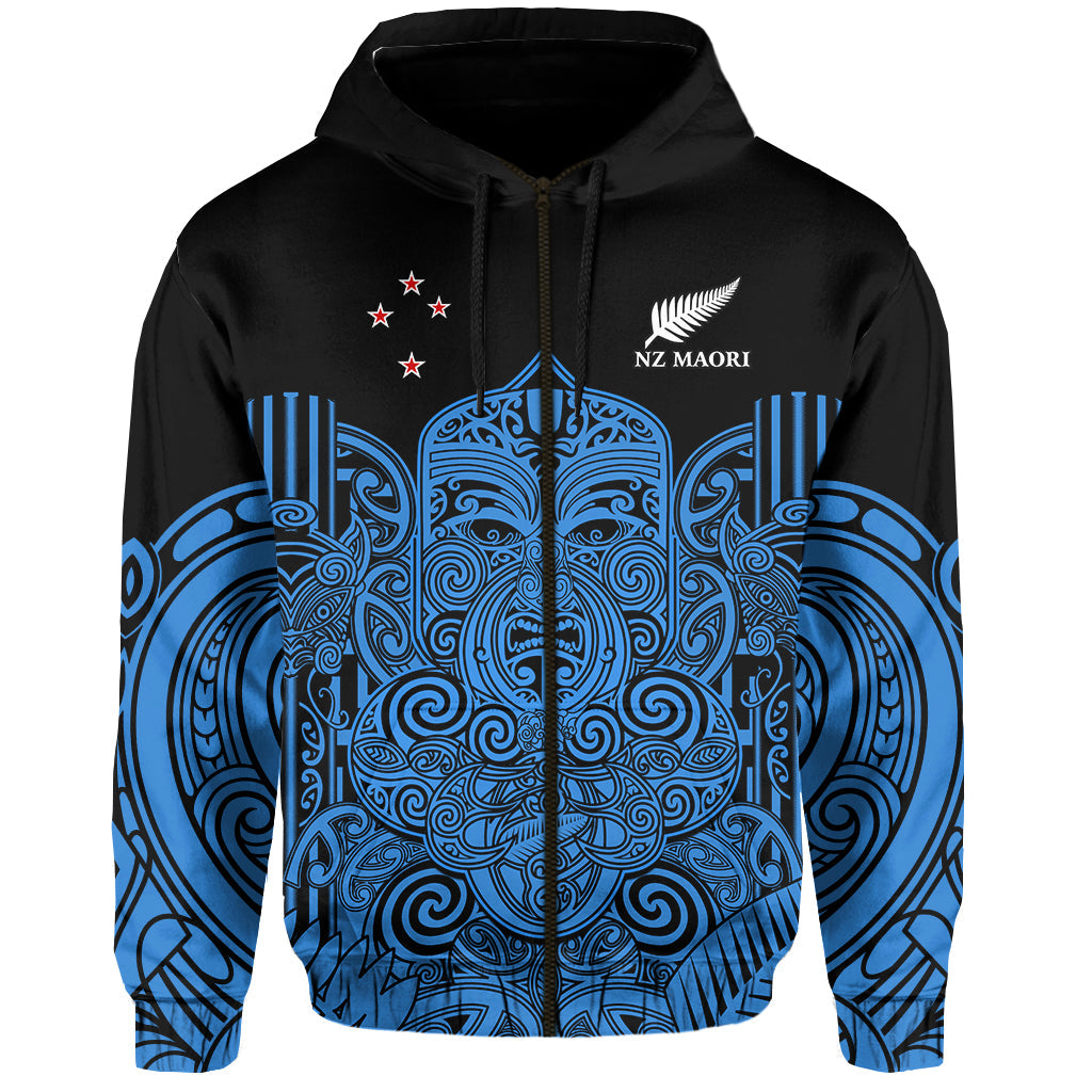 (Custom Text and Number) New Zealand Tiki Rugby Hoodie NZ Maori Koru Pattern Ver.05 LT14 Zip Hoodie Blue - Polynesian Pride