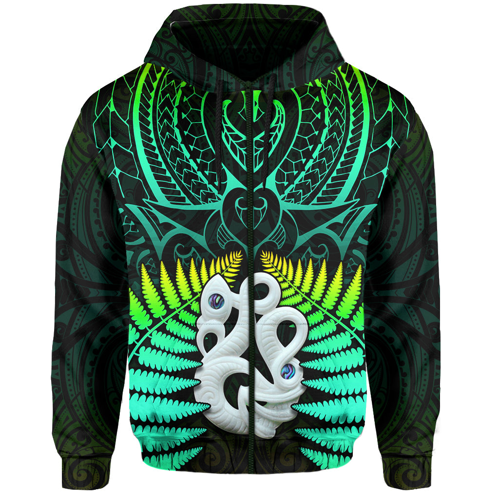 (Custom Text and Number) Aotearoa Fern Hoodie New Zealand Hei Tiki Green Style LT13 Zip Hoodie Green - Polynesian Pride
