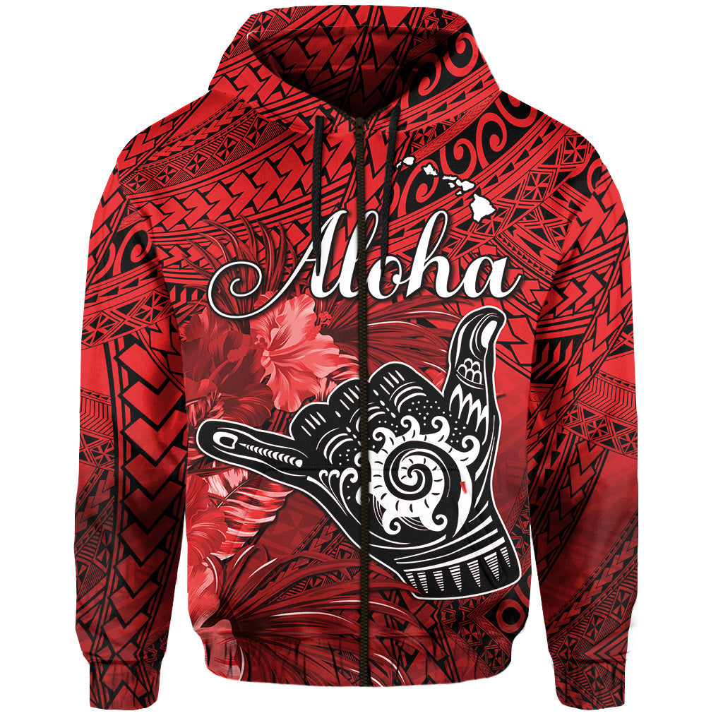 The Shaka Hawaii Hoodie Tropical Flowers Red Version LT13 Zip Hoodie Red - Polynesian Pride