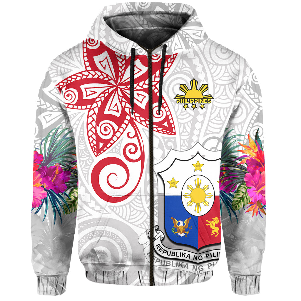 Custom Philippines Hoodie Sun Filipino Polynesian mix Flowers White Vibe LT13 Zip Hoodie White - Polynesian Pride