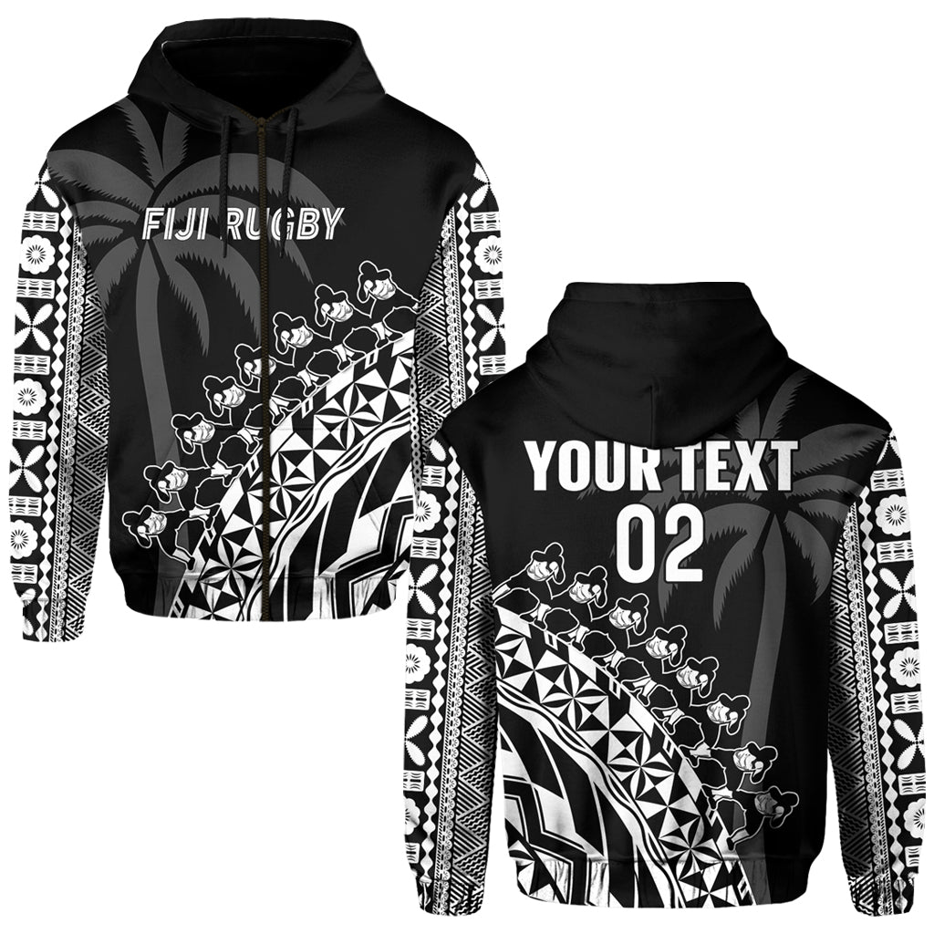 (Custom Text and Number) Fiji Rugby Hoodie Fijian Cibi Dance Tapa Pattern Black LT14 Zip Hoodie Black - Polynesian Pride
