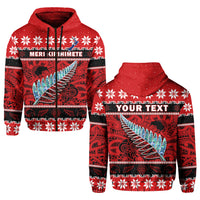 Custom New Zealand Christmas Hoodie Paua Shell Silver Fern Meri Kirihimete LT14 Zip Hoodie Red - Polynesian Pride