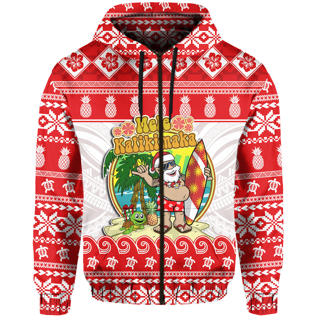 Hawaii Christmas Hoodie Kanaka Polynesian Santa Claus Mele Kalikimaka LT14 Zip Hoodie Red - Polynesian Pride