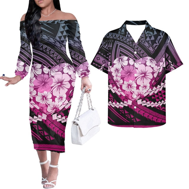 Hawaii Hibiscus Flowers Hawaiian Outfits Polynesian Long Sleeve Dress And Hawaiian Shirt Blue Style Art - Polynesian Pride
