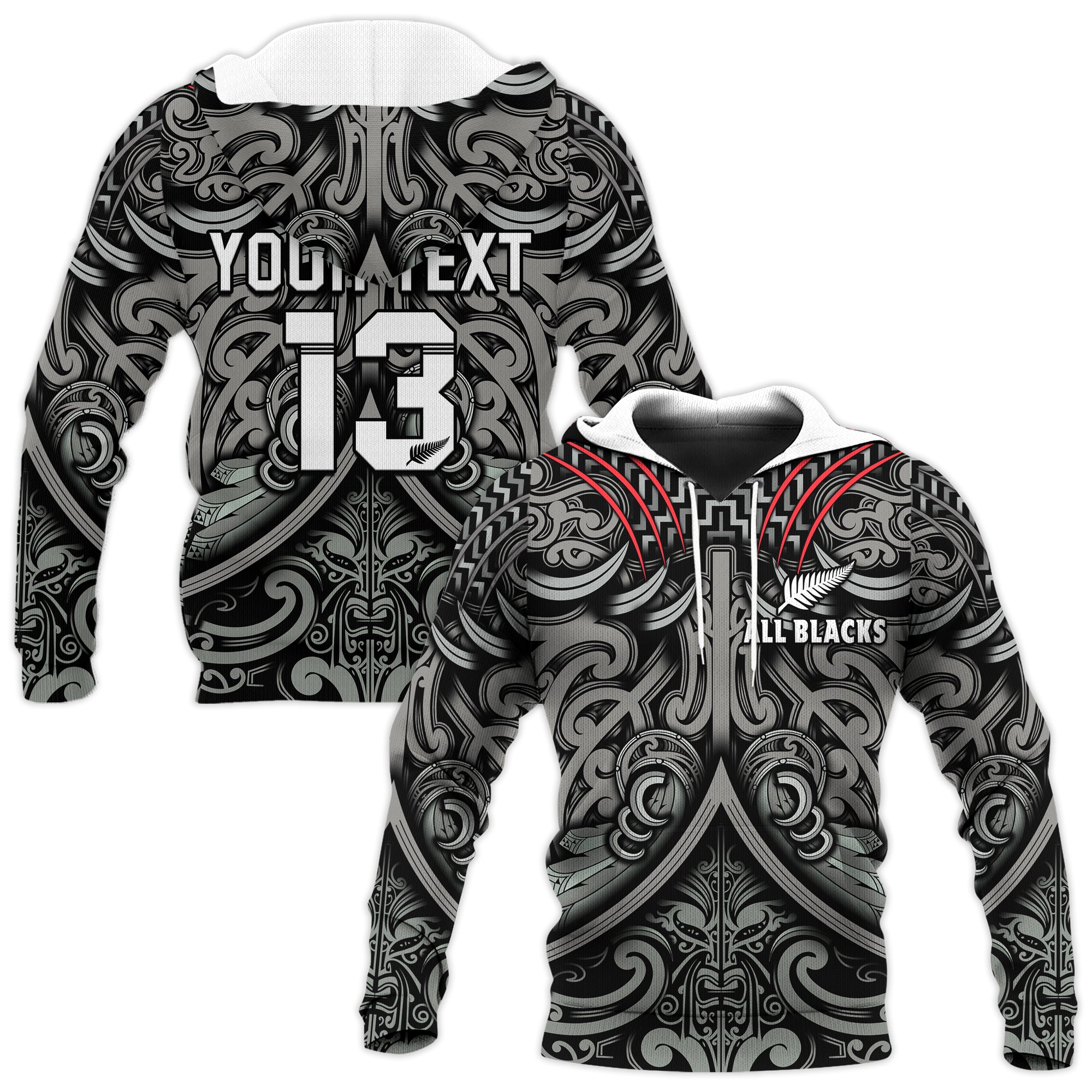 (Custom Text and Number) New Zealand Silver Fern Rugby Hoodie All Black NZ Maori Pattern LT13 Black - Polynesian Pride