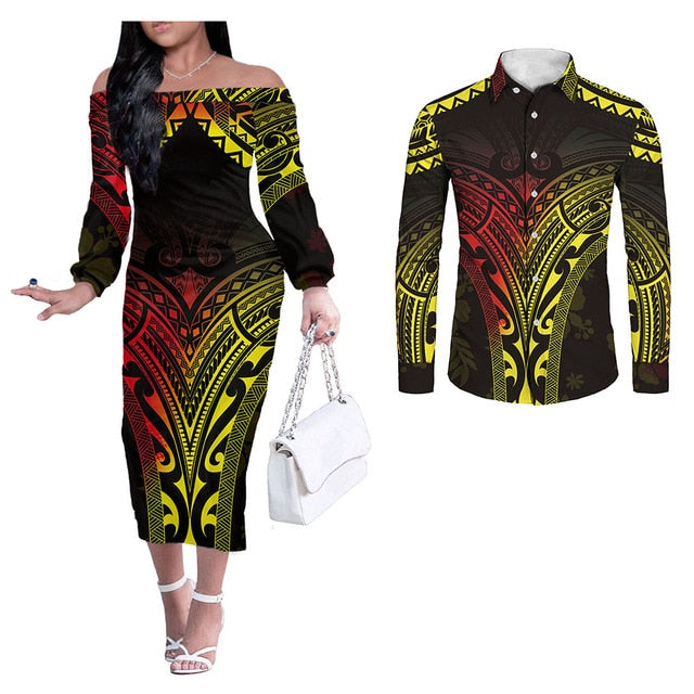 Hawaii Tribal Couples Hawaiian Outfits Polynesian Long Sleeve Dress And Long Sleeve Button Shirt Yellow Style Yellow - Polynesian Pride