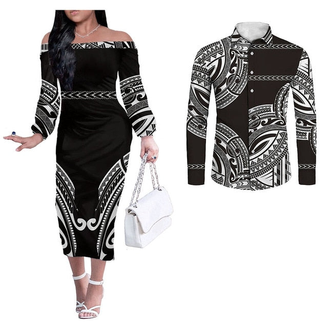 Hawaii Wave Tribal Pattern Couples Matching Hawaiian Outfits Long Sleeve Dress And Long Sleeve Button Shirt Black White Style Black - Polynesian Pride