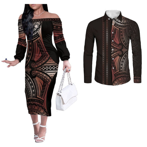 Matching Couples Outfits – Hawaiian Polynesian Strapless Dress & Men's Shirt Set | Samoan Style