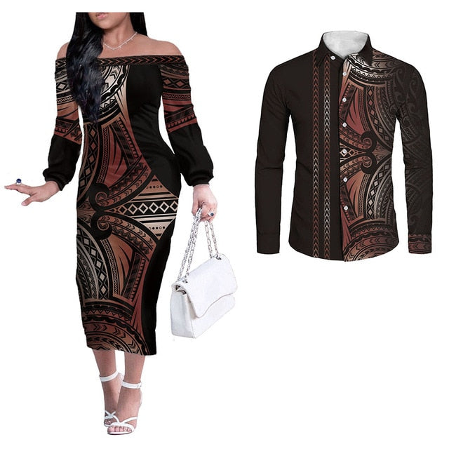 Hawaii Tribal Couples Matching Hawaiian Outfits Black - Polynesian Long  Sleeve Dress & Shirt | Polynesian Pride