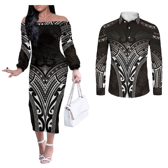 Hawaii Trial Print Couples Matching Hawaiian Outfits Polynesian Long Sleeve Dress And Long Sleeve Button Shirt Black Style Black - Polynesian Pride