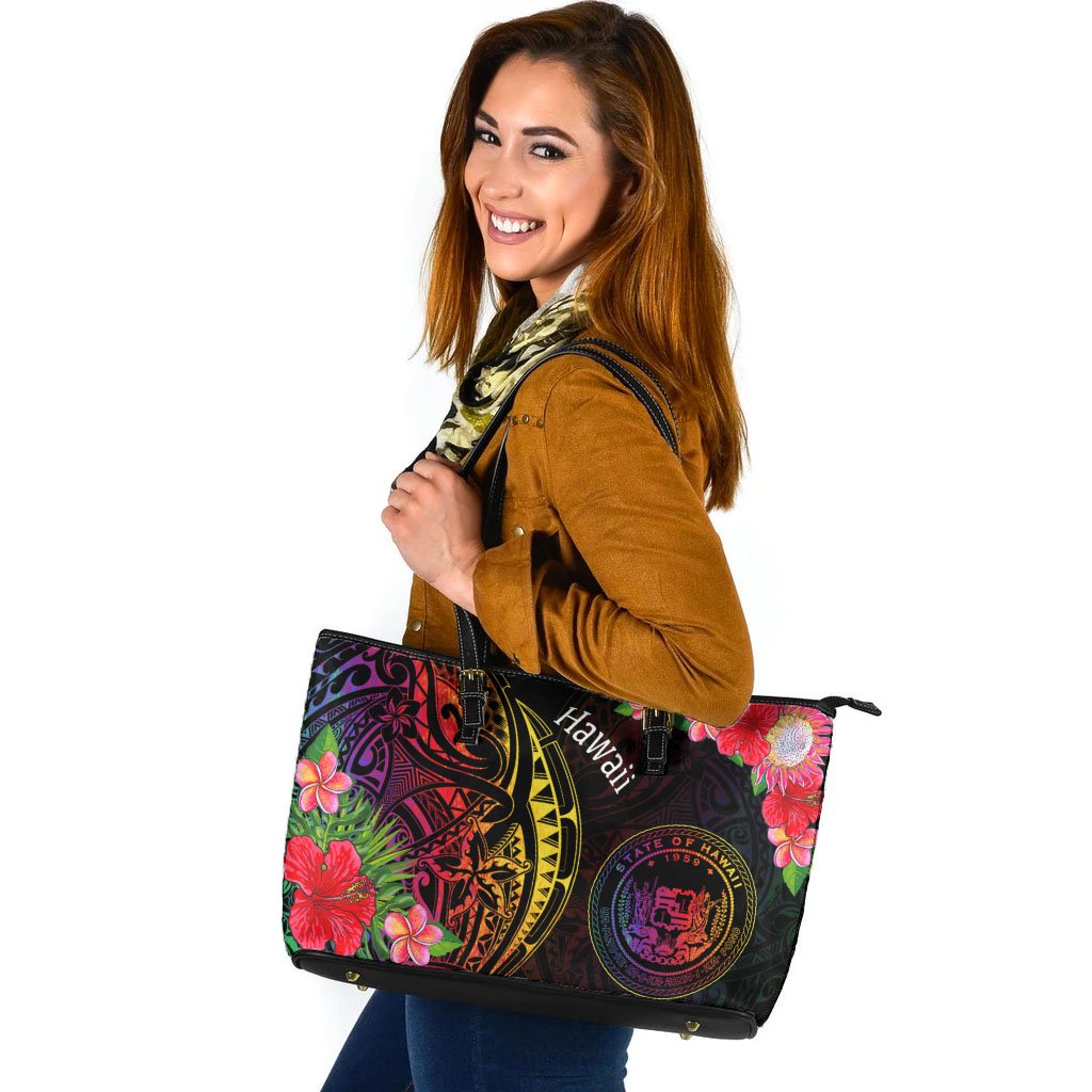 Hawaii Leather Tote - Tropical Hippie Style Black - Polynesian Pride