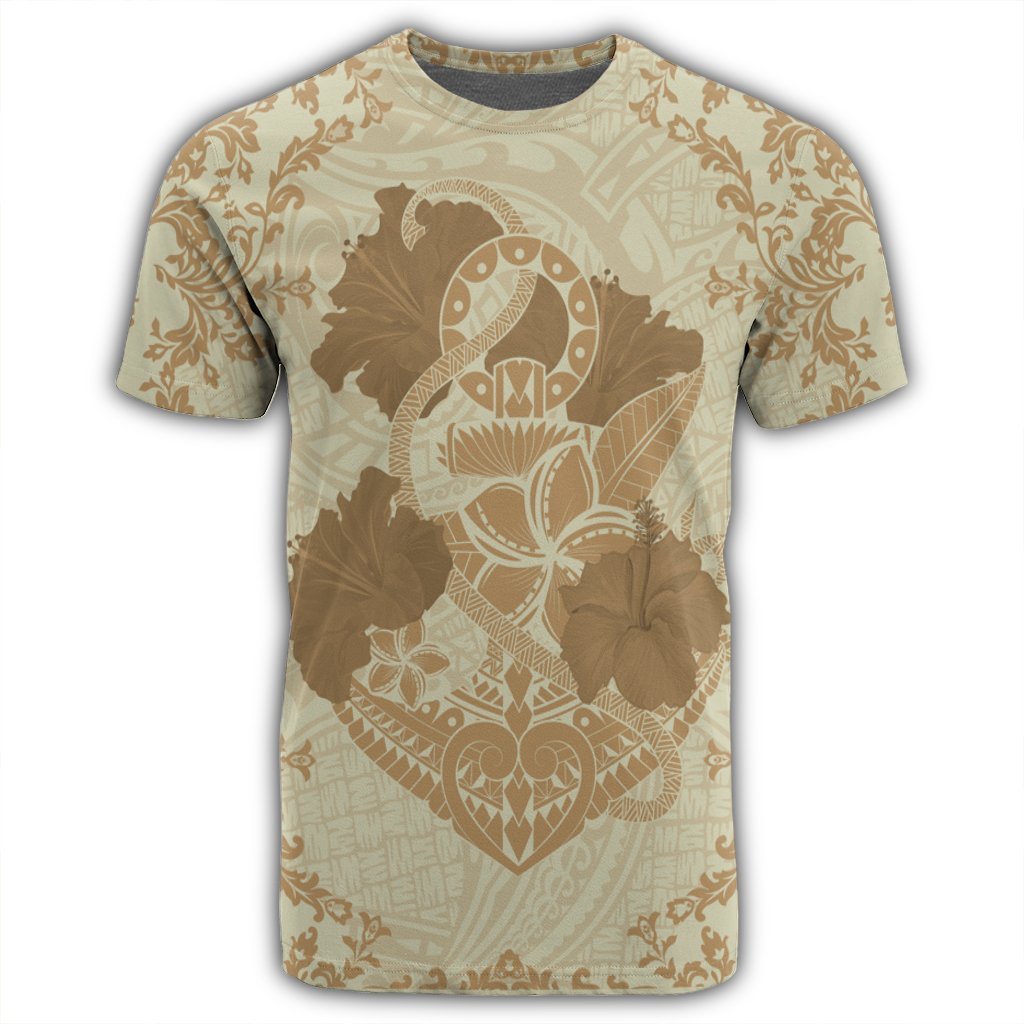 Hawaii Anchor Hibiscus Flower Vintage T Shirt Beige - Polynesian Pride