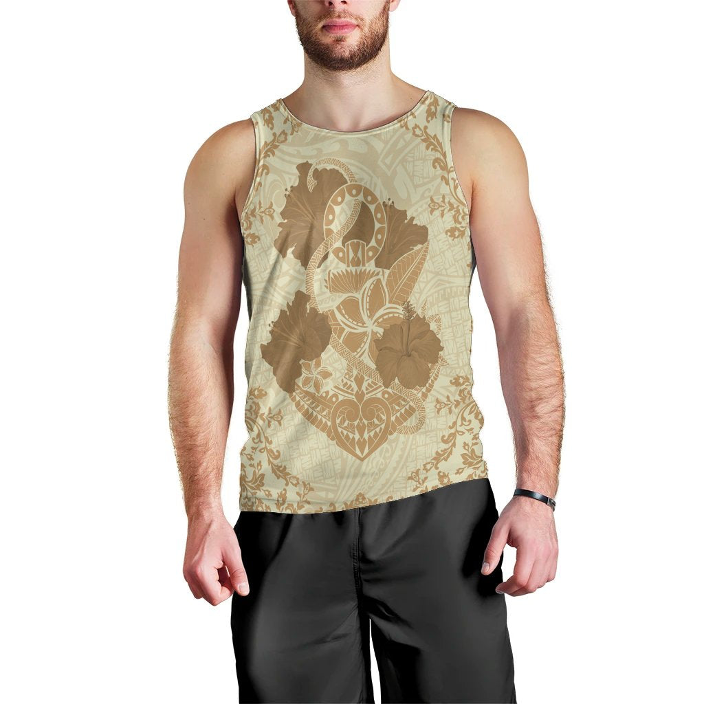 Hawaii Anchor Hibiscus Flower Vintage Tank Top - AH - Beige Black - Polynesian Pride