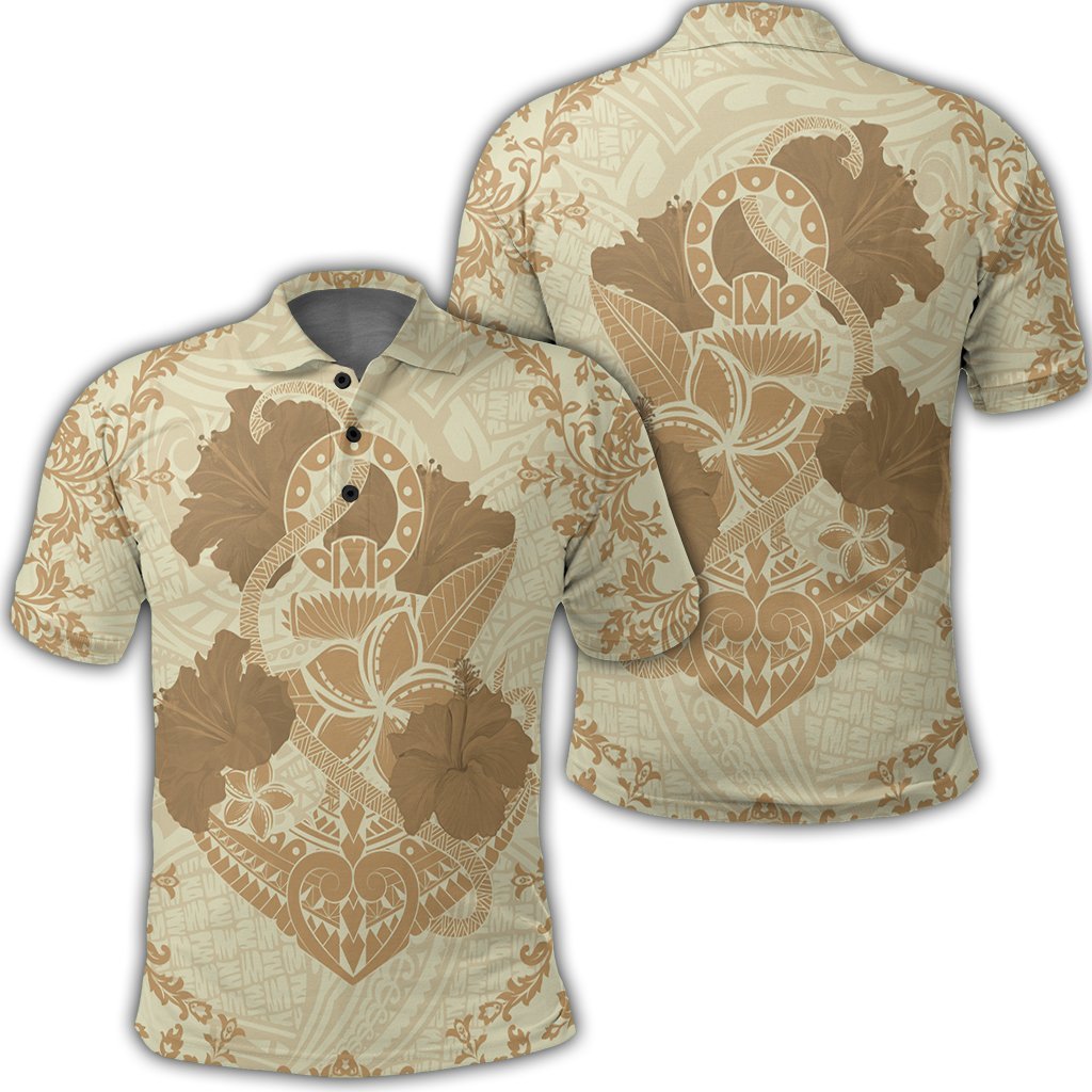Hawaii Anchor Hibiscus Flower Vintage Polo Shirt Beige Unisex Black - Polynesian Pride