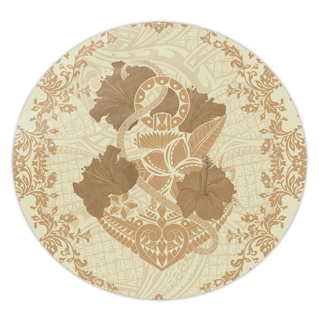 Hawaii Anchor Hibiscus Flower Vintage Round Carpet - AH - Beige Round Carpet Luxurious Plush - Polynesian Pride