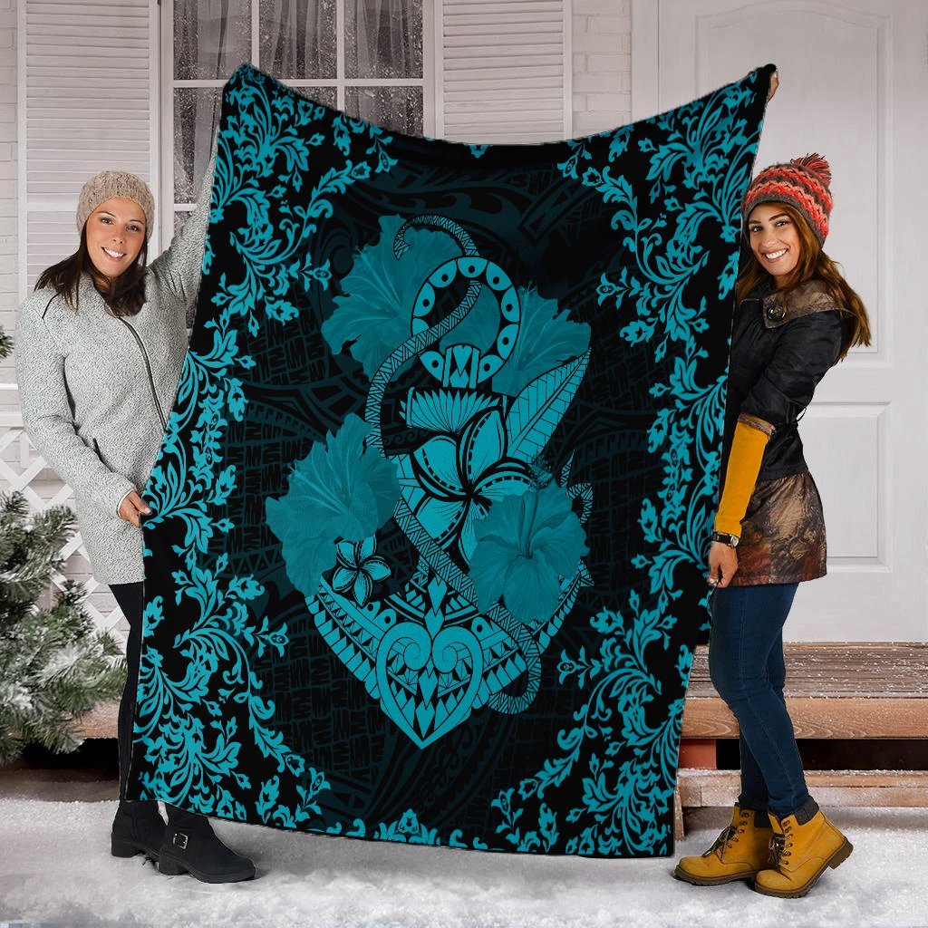 Hawaii Anchor Hibiscus Flower Vintage Premium Blankets - AH - Blue - Polynesian Pride