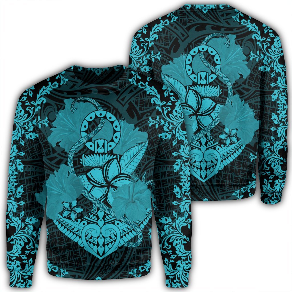 Hawaii Anchor Hibiscus Flower Vintage Sweatshirt - AH - Blue Unisex Black - Polynesian Pride