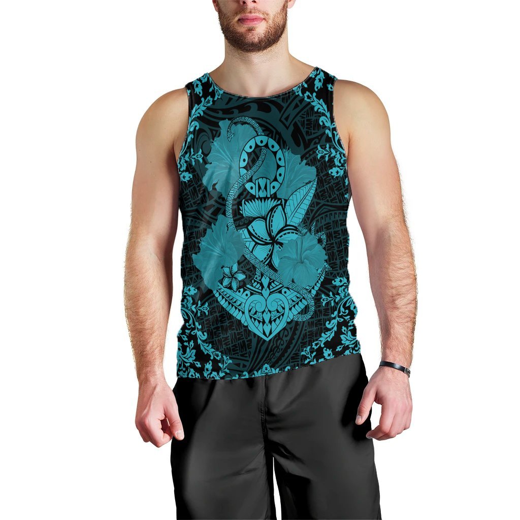 Hawaii Anchor Hibiscus Flower Vintage Tank Top - AH - Blue Black - Polynesian Pride