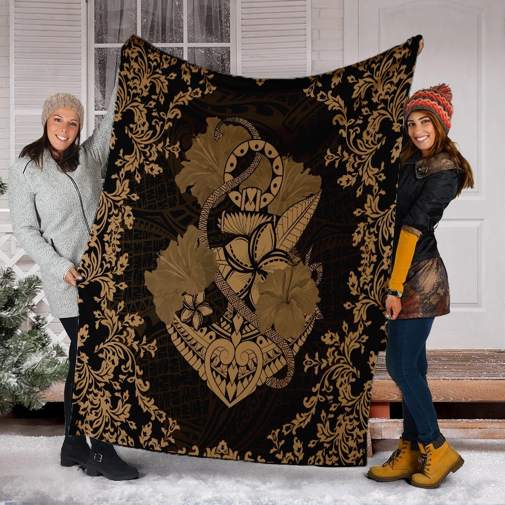 Hawaii Anchor Hibiscus Flower Vintage Premium Blankets - AH - Gold - Polynesian Pride