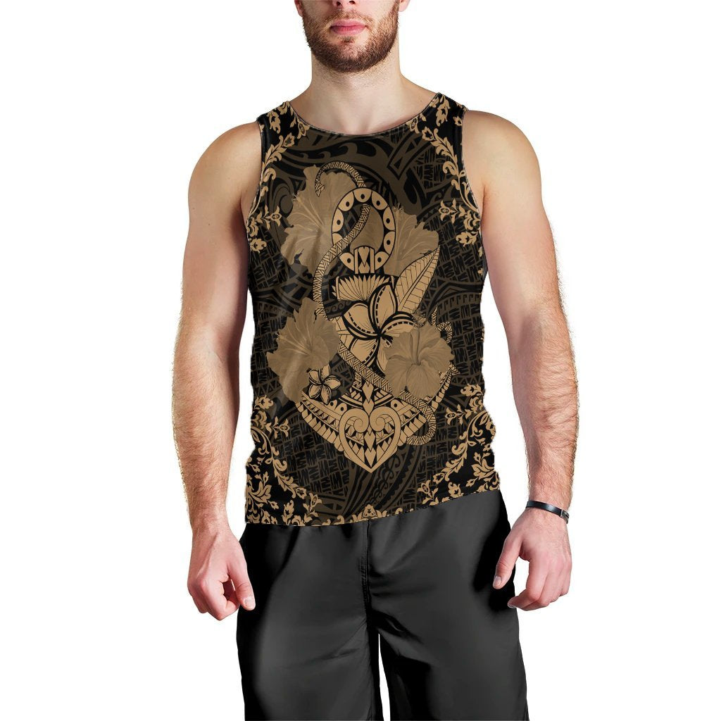 Hawaii Anchor Hibiscus Flower Vintage Tank Top - AH - Gold Black - Polynesian Pride