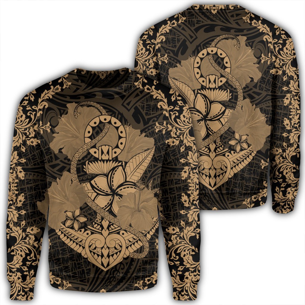 Hawaii Anchor Hibiscus Flower Vintage Sweatshirt - AH - Gold Unisex Black - Polynesian Pride