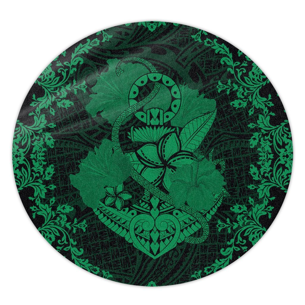 Hawaii Anchor Hibiscus Flower Vintage Round Carpet - AH - Green Round Carpet Luxurious Plush - Polynesian Pride