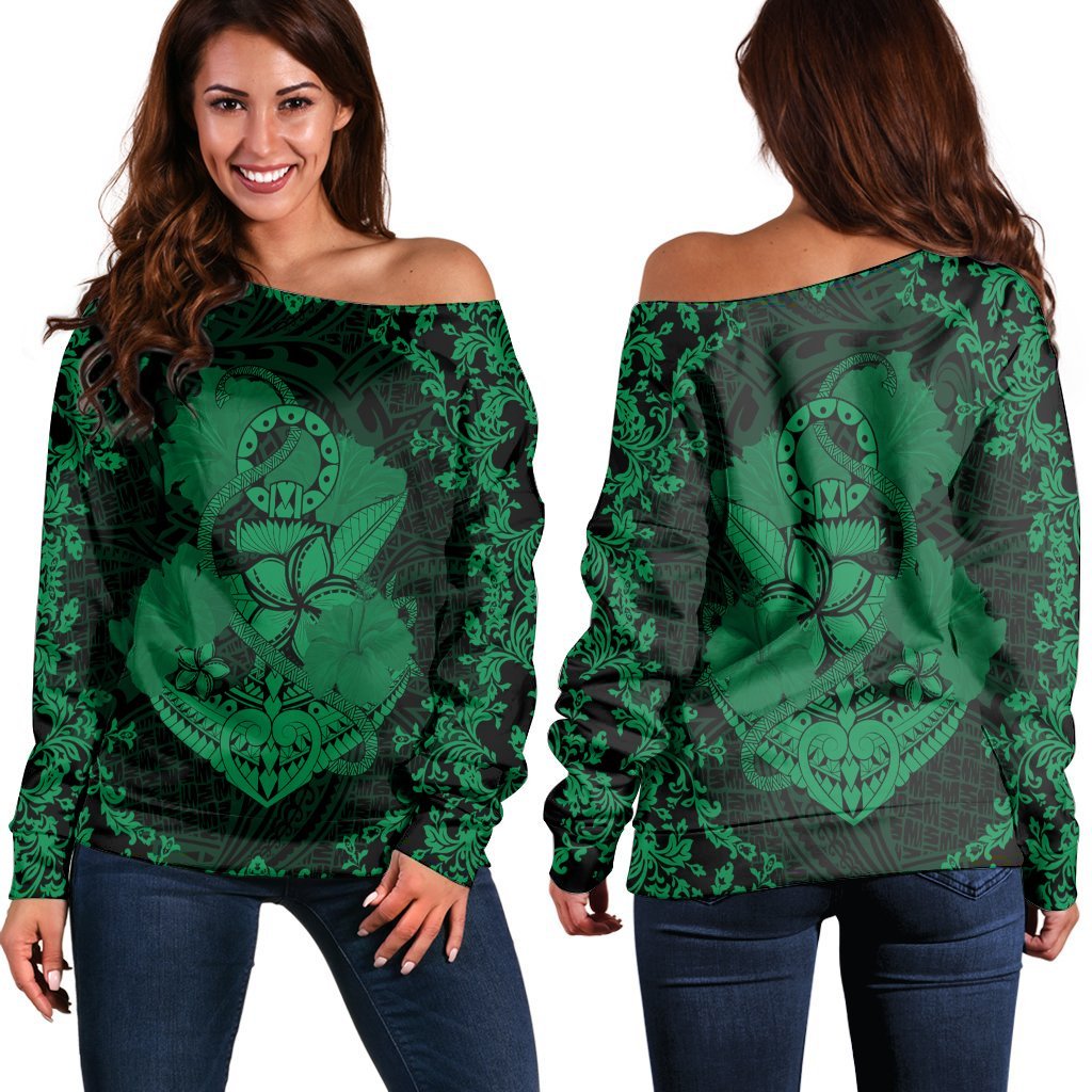 Hawaii Anchor Hibiscus Flower Vintage Women's Off Shoulder Sweater - AH - Green Black - Polynesian Pride
