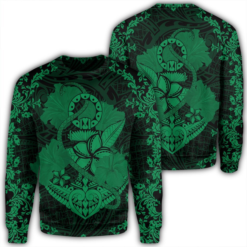 Hawaii Anchor Hibiscus Flower Vintage Sweatshirt - AH - Green Unisex Black - Polynesian Pride