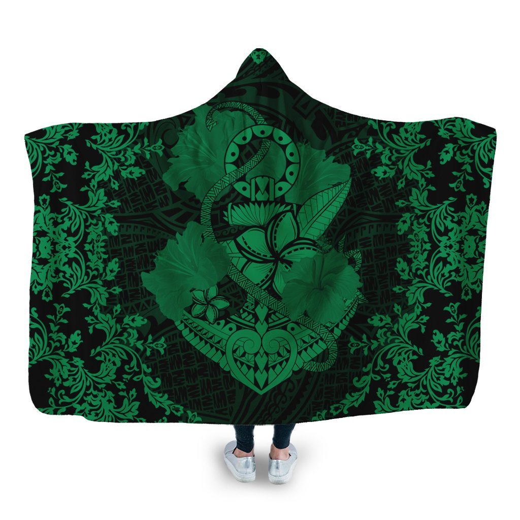 Hawaii Anchor Hibiscus Flower Vintage Hooded Blanket - AH - Green Hooded Blanket White - Polynesian Pride