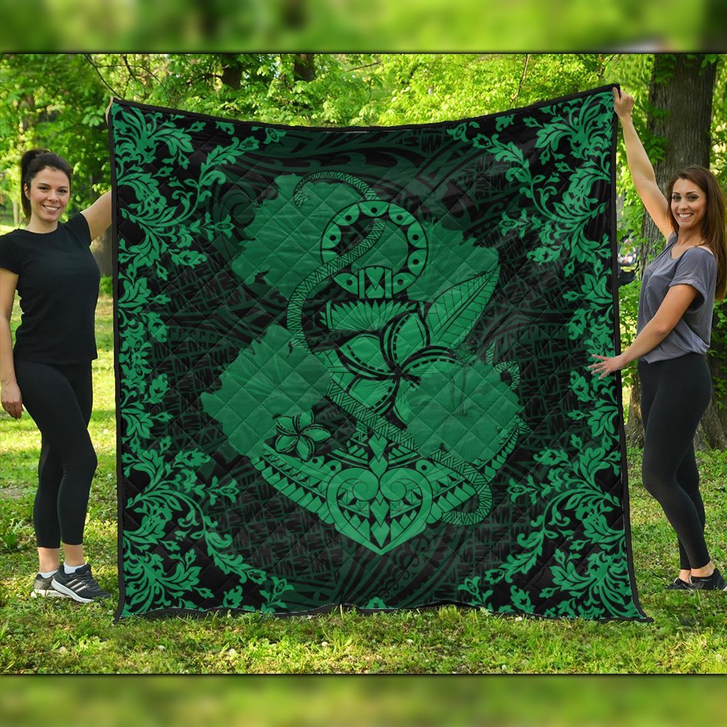 Hawaii Anchor Hibiscus Flower Vintage Premium Quilts - AH - Green Black - Polynesian Pride