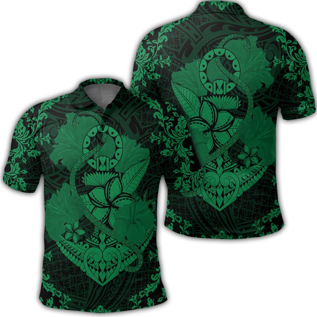 Hawaii Anchor Hibiscus Flower Vintage Polo Shirt Green Unisex Black - Polynesian Pride