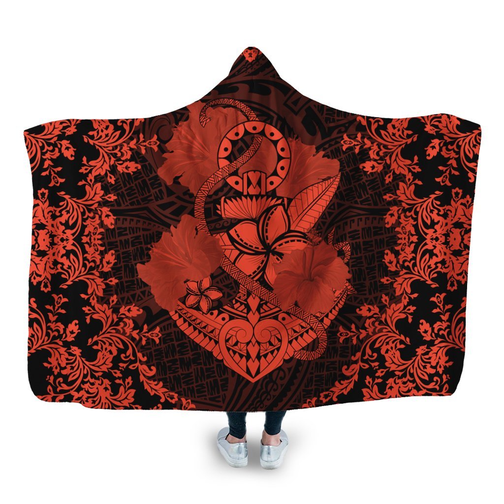 Hawaii Anchor Hibiscus Flower Vintage Hooded Blanket - AH - Orange Hooded Blanket White - Polynesian Pride