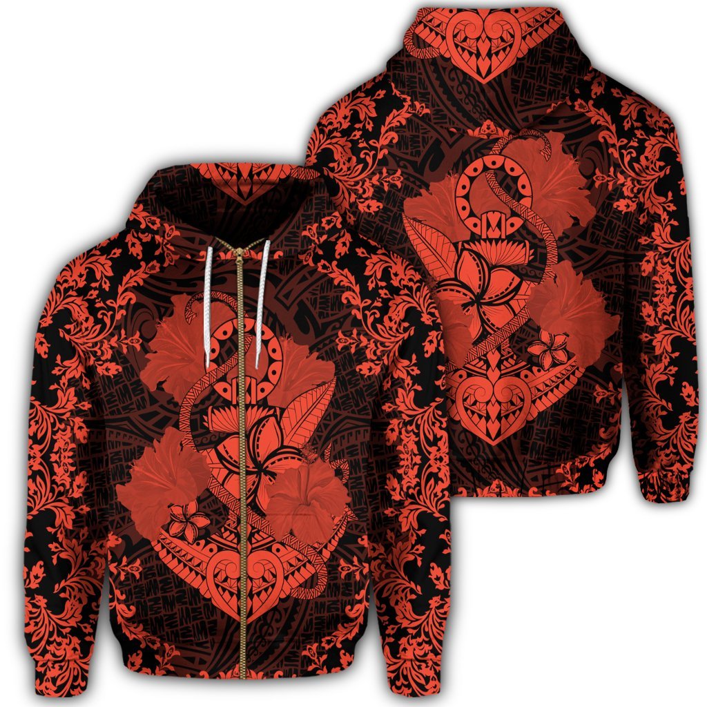 Hawaii Anchor Hibiscus Flower Vintage Zip Hoodie Orange Unisex Art - Polynesian Pride