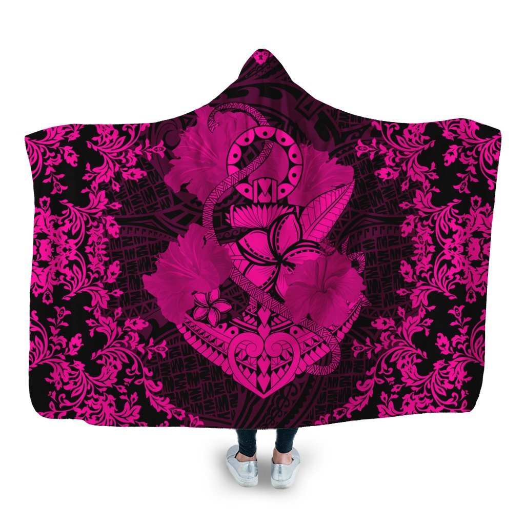 Hawaii Anchor Hibiscus Flower Vintage Hooded Blanket - AH - Pink Hooded Blanket White - Polynesian Pride
